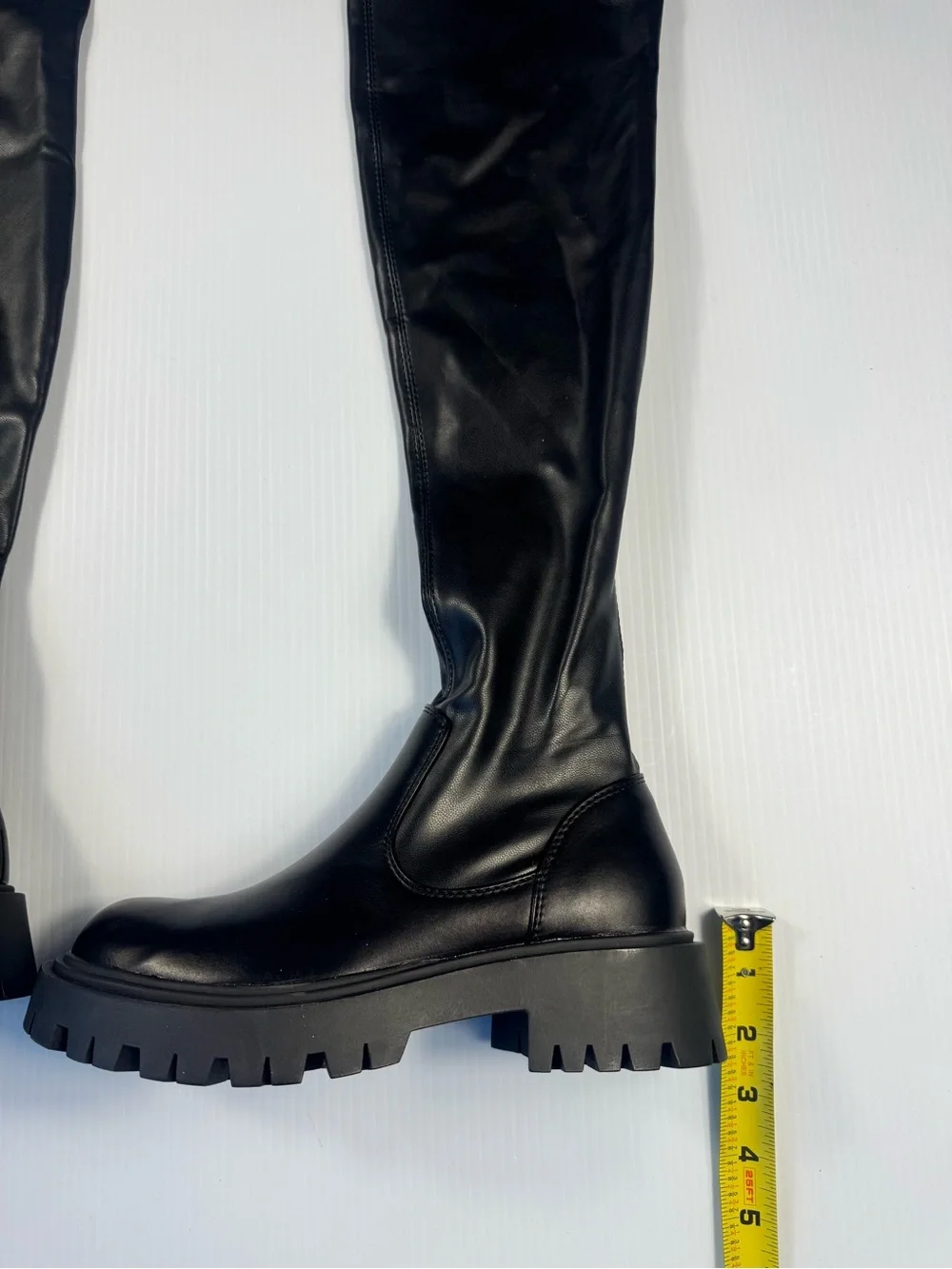 AZALEA WANG Ajuna Black Flat Thigh High Stretch PU Boots NIB